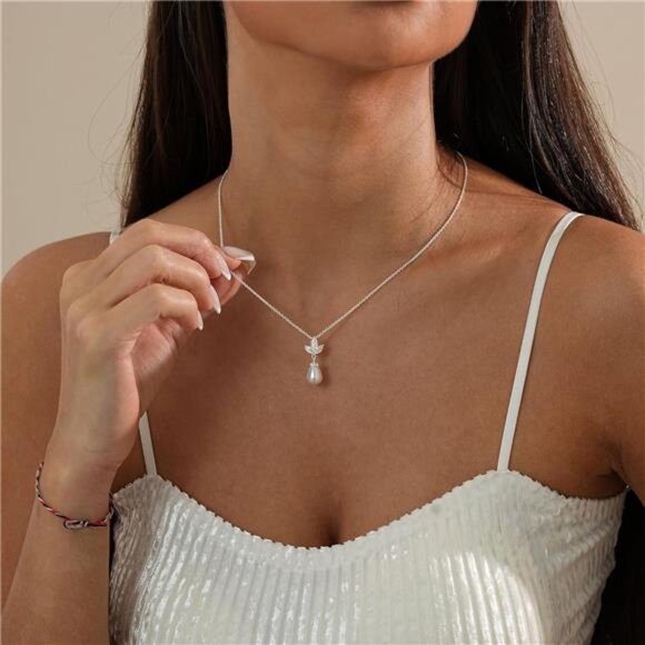Dainty Silver Pearl Necklace | Single Pearl Pendant | Elegant Adjustable 16.9” - Picture 4 of 5
